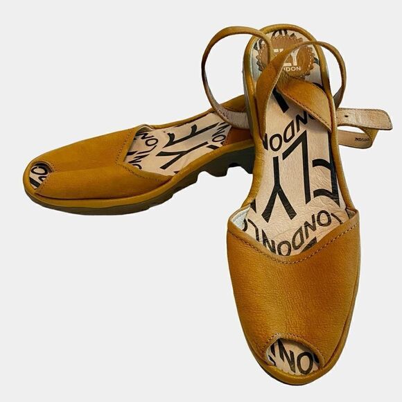 Fly London Mustard Yellow Wedge Sandals Peep Toe Ankle Wrap Shoes - Picture 1 of 6